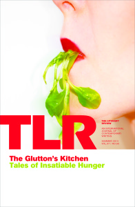 cover of TLR's issue The Glutton's Kitchen. A woman's mouth with red lipstick eating a leafy green